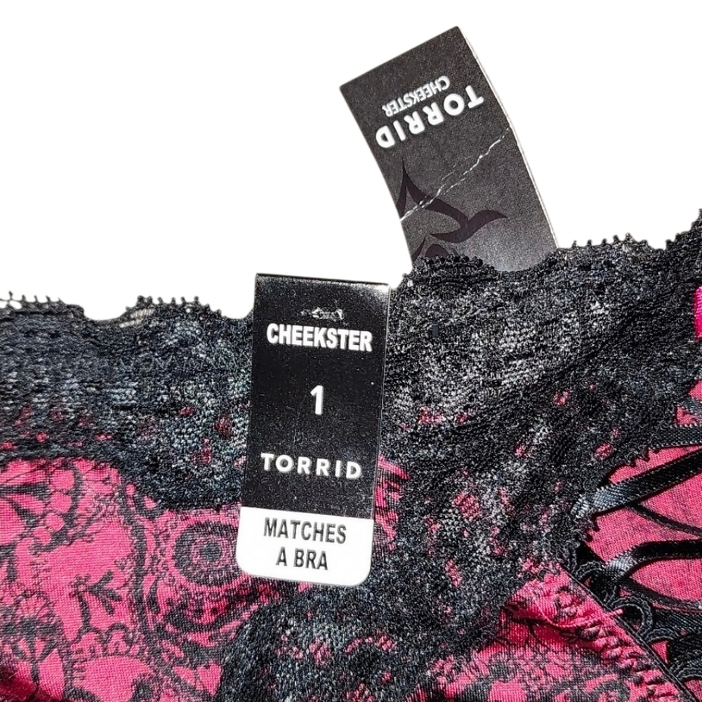 Torrid Satin Cheekster Burgendy & Black Skull Lace Trim Panties New with Tags - Picture 8 of 11